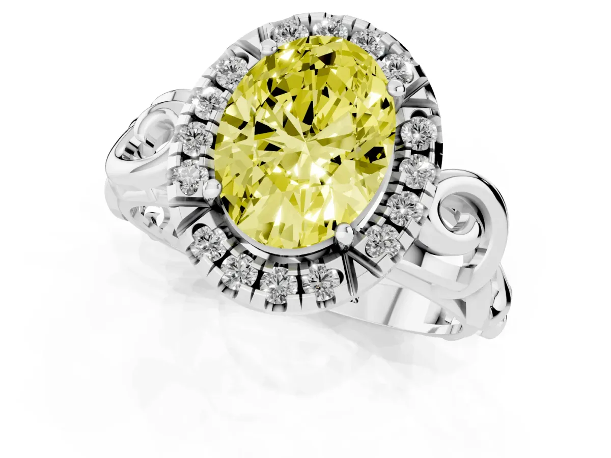 Fancy Yellow Oval Cut Cut Halo Diamond Ring with Scrollwork Band and Four-Prong Setting Silver