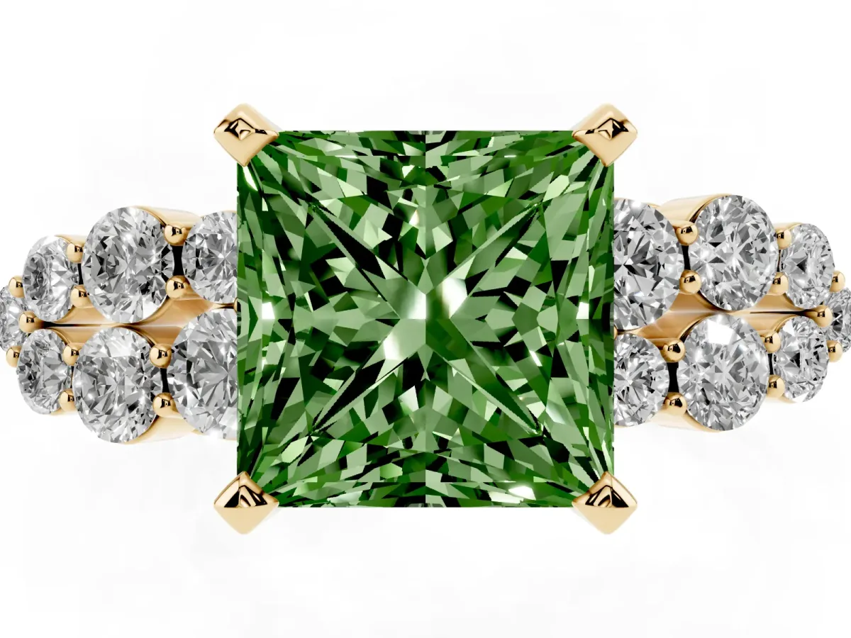 Fancy Green Princess Cut Cluster Diamond Engagement Ring with Pavé Band and Four-Prong Setting Yellow gold