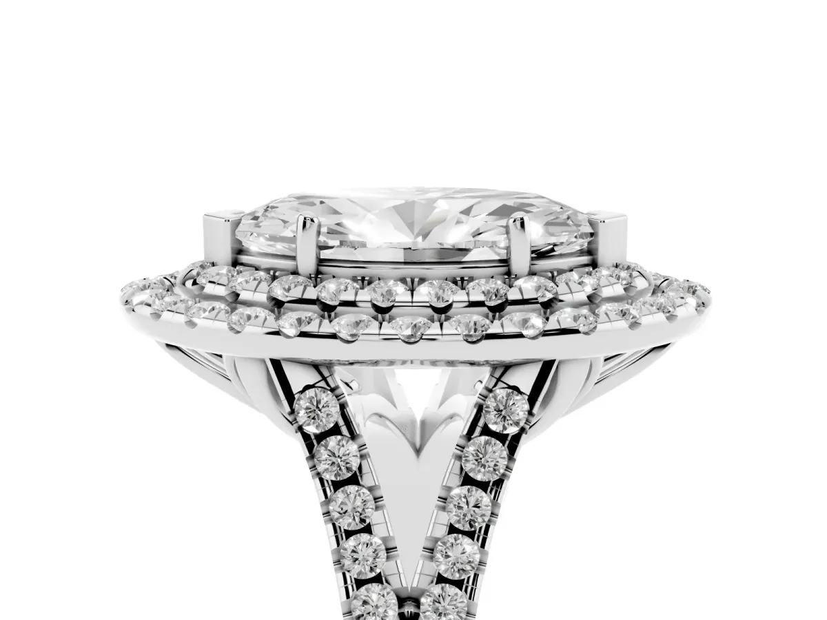 Double Halo Marquise Cut Diamond Pavé Split Shank Ring with Prong Setting Silver