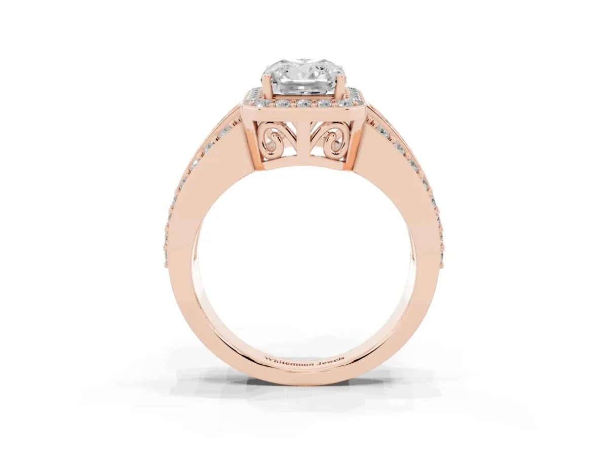 Radiant Cut Halo Diamond Ring with Round Split Shank and Prong Setting Rose gold