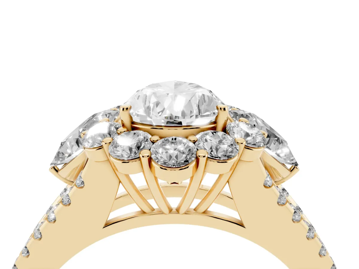 Pear Cut Halo Split Shank Diamond Engagement Ring with Prong Setting Yellow gold