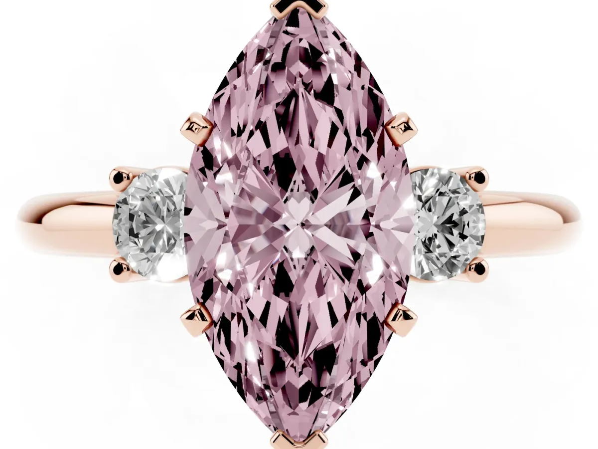 Fancy Pink Three-Stone Marquise Cut Cut Diamond Solitaire with Prong Setting and Classic Band Rose gold