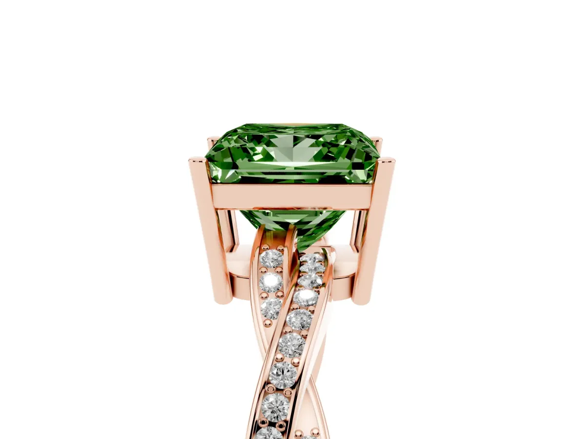 Fancy Green Princess Cut Solitaire Twisted Pave Diamond Ring with Four-Prong Setting Rose gold