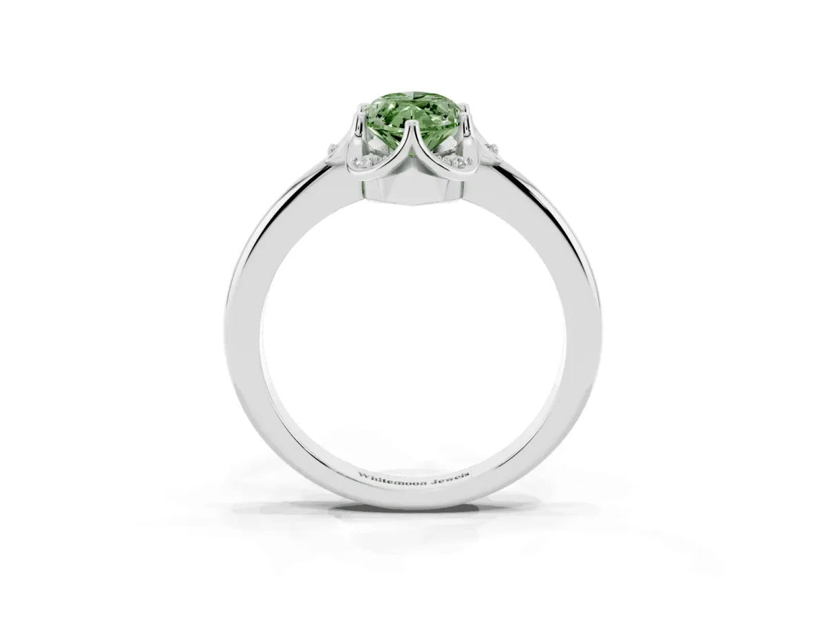 Fancy Green Marquise Cut Halo Diamond Ring with Round Cluster Setting, Solitaire Band, and Four-Prong Setting Silver