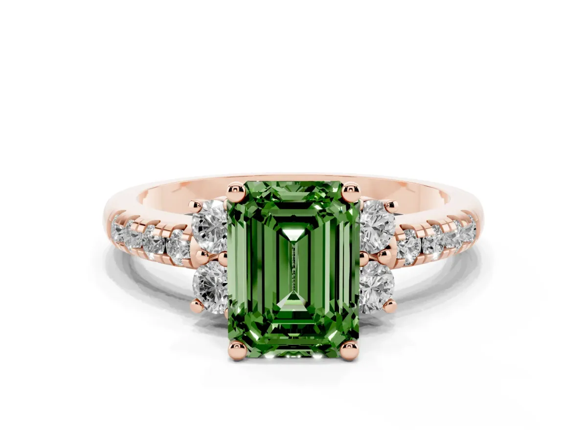 Fancy Green Emerald Cut Diamond Three-Stone Pave Band with Four-Prong Setting Rose gold