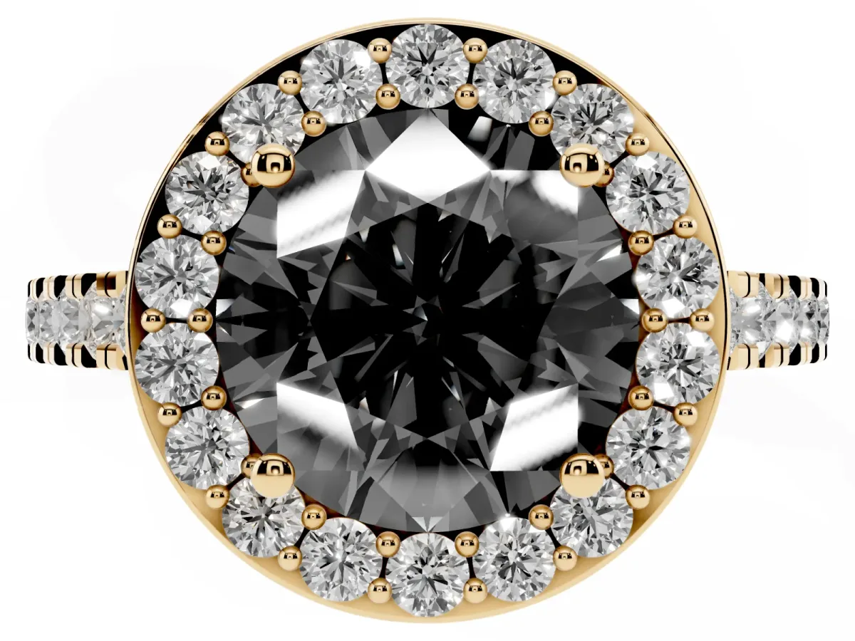 Fancy Black Round Cut Diamond Halo Ring with Round Pavé Split Shank and Prong Setting Yellow gold