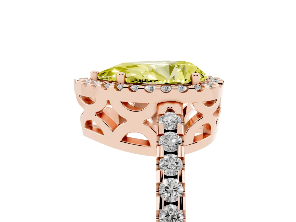 Fancy Yellow Pear Cut Diamond Halo Engagement Ring with Pavé Band and Prong Setting Rose gold