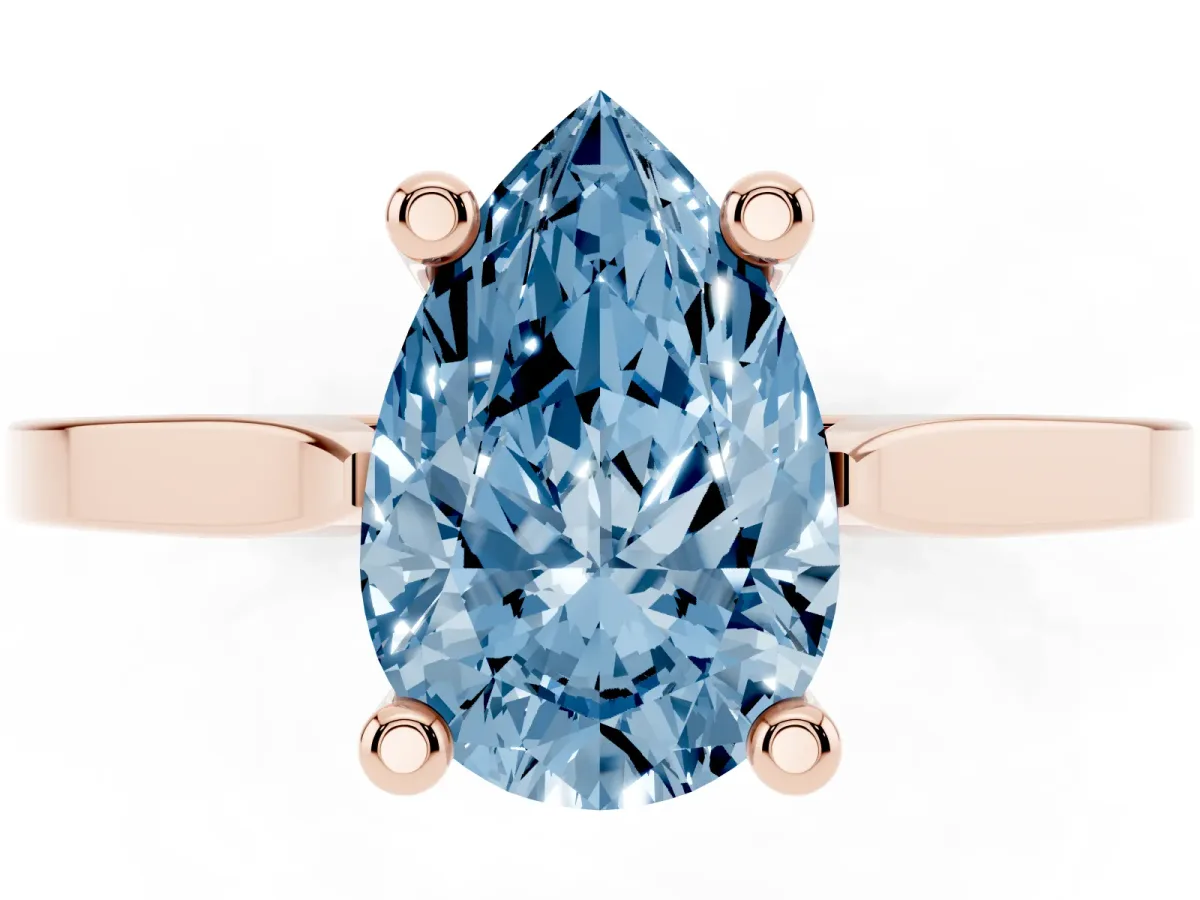 Fancy Blue Pear Cut Solitaire Diamond Ring with Four-Prong Setting and Tapered Band Rose gold