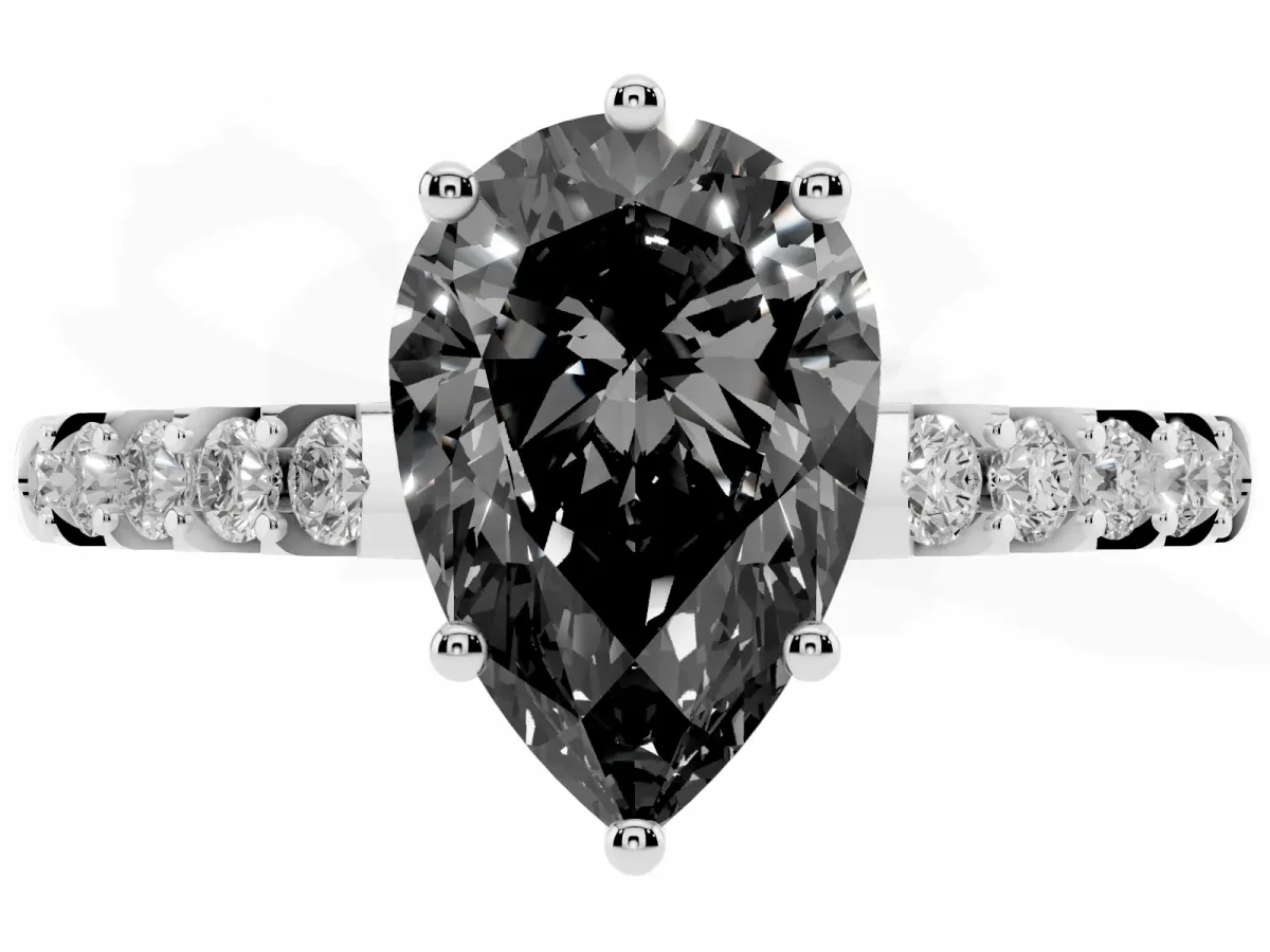 Fancy Black Pear Cut Solitaire Diamond Engagement Ring with Pavé Band and Six-Prong Setting Platinum