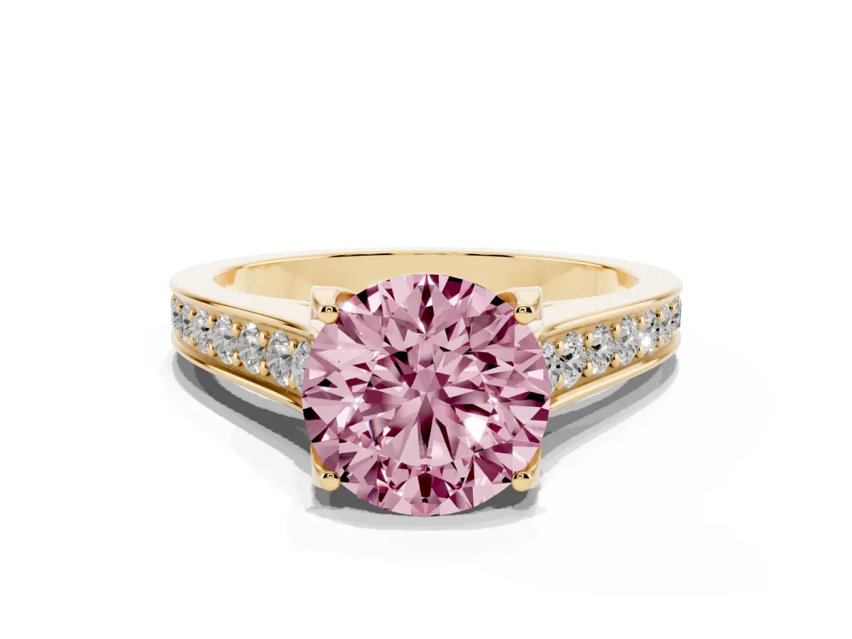 Fancy Pink Round Cut Brilliant Cut Diamond Engagement Ring with Pavé Band and Four-Prong Setting Yellow gold