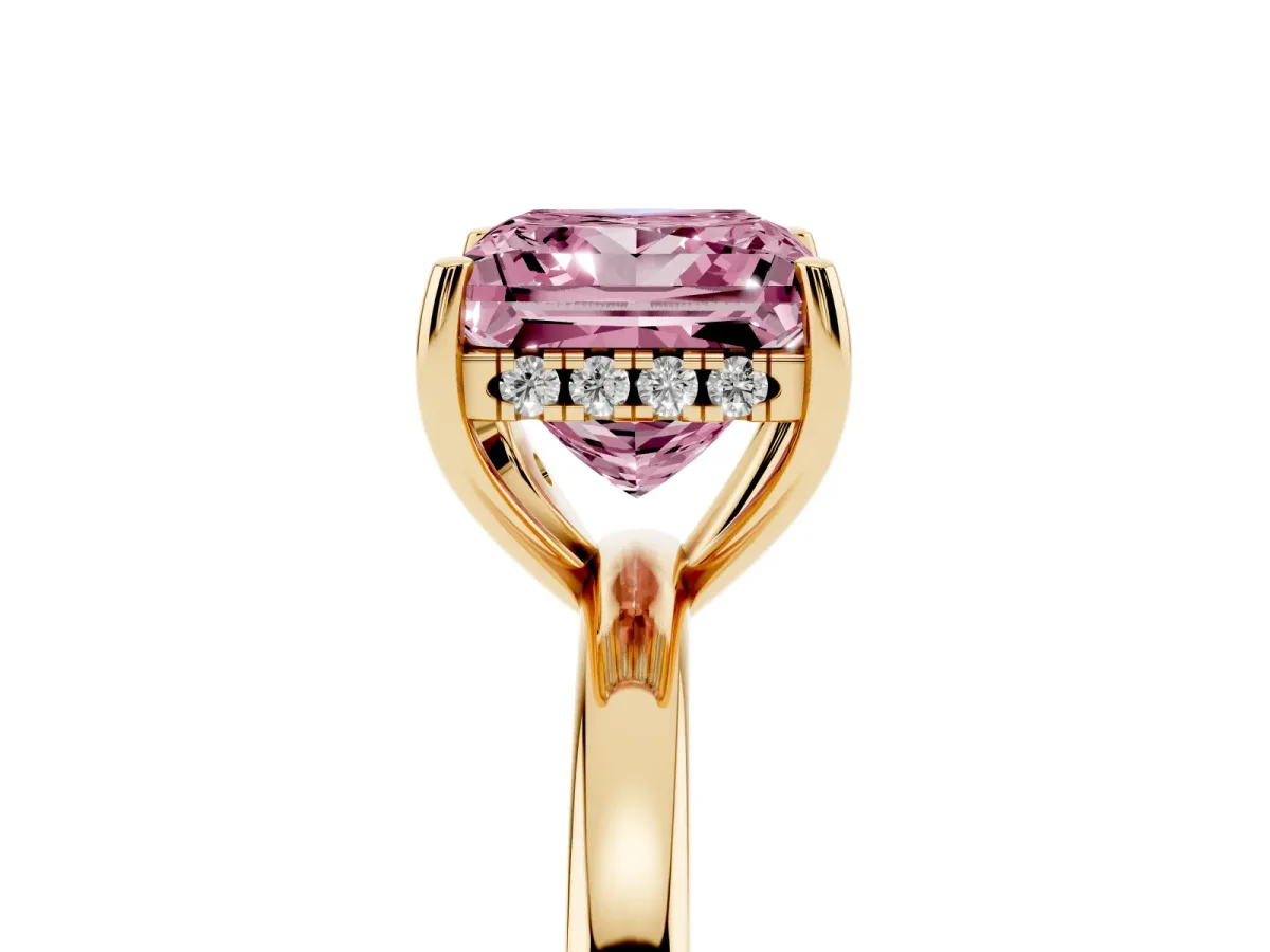 Fancy Pink Princess Cut Solitaire Diamond Ring with Prong Setting and Plain Band Yellow gold