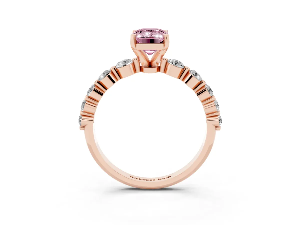 Fancy Pink Emerald Cut Solitaire Diamond Ring with Pave Band and Four-Prong Setting Rose gold