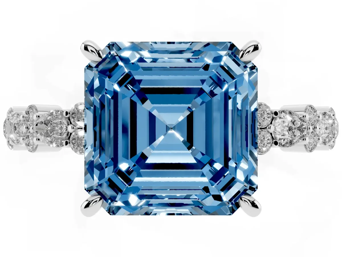 Fancy Blue Asscher Cut Diamond Side Stone Solitaire Ring with Round and Four-Prong Setting Platinum