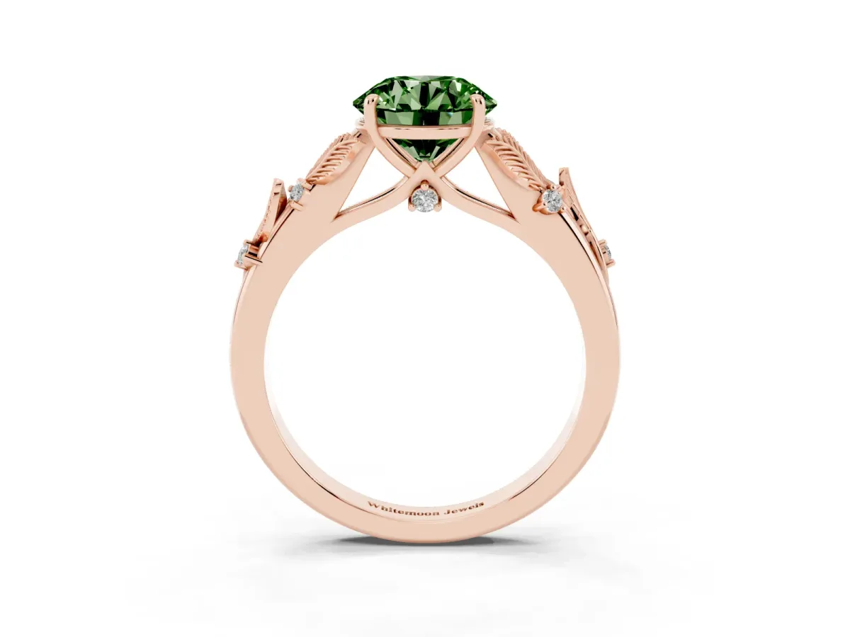 Fancy Green Round Cut Diamond Solitaire Ring with Leaf Motif Band and Four-Prong Setting Rose gold