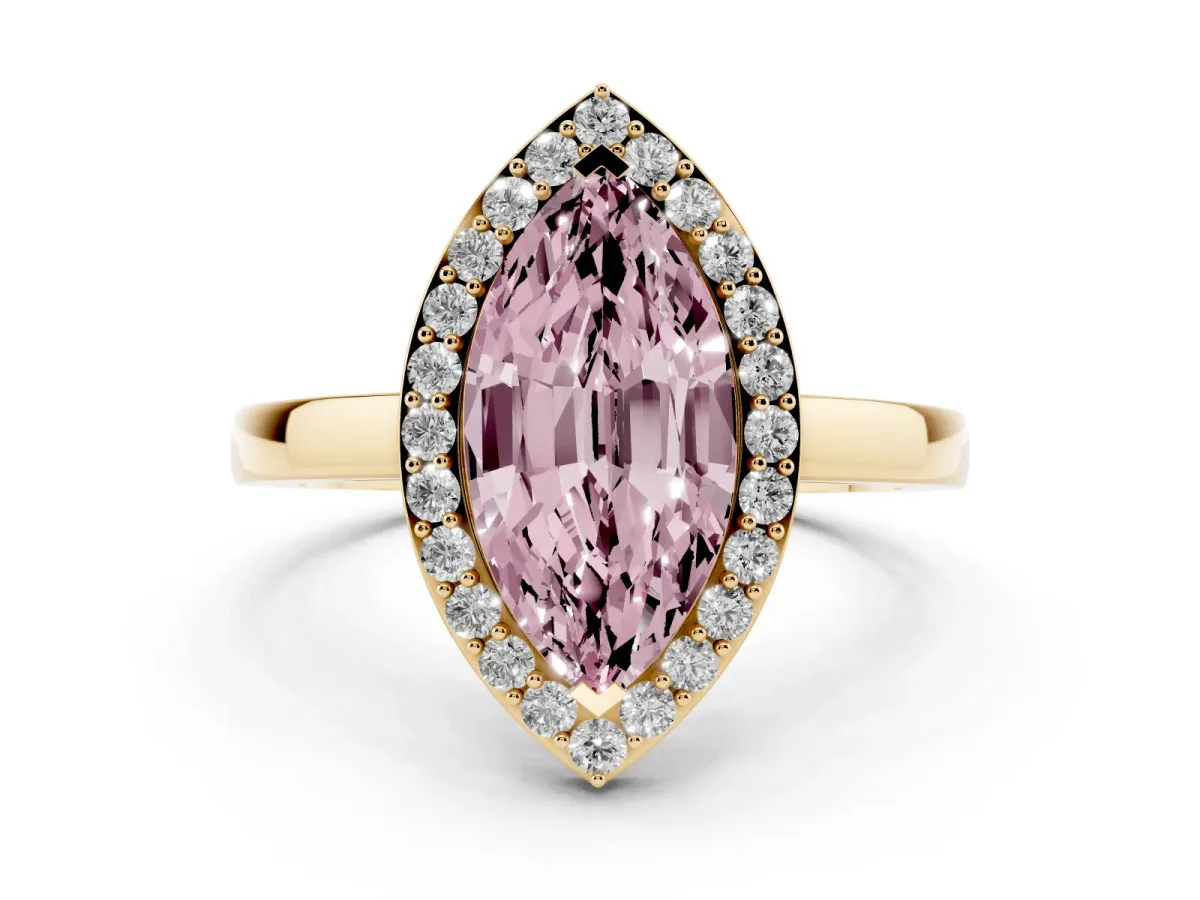 Fancy Pink Marquise Cut Halo Diamond Ring with Solitaire Band and Prong Setting Yellow gold