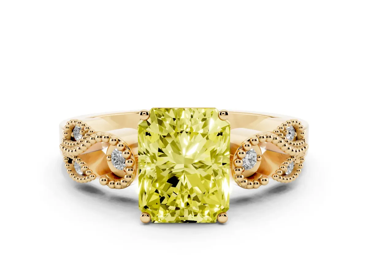 Fancy Yellow Radiant Cut Solitaire Milgrain Leaf Band with Prong Setting Yellow gold