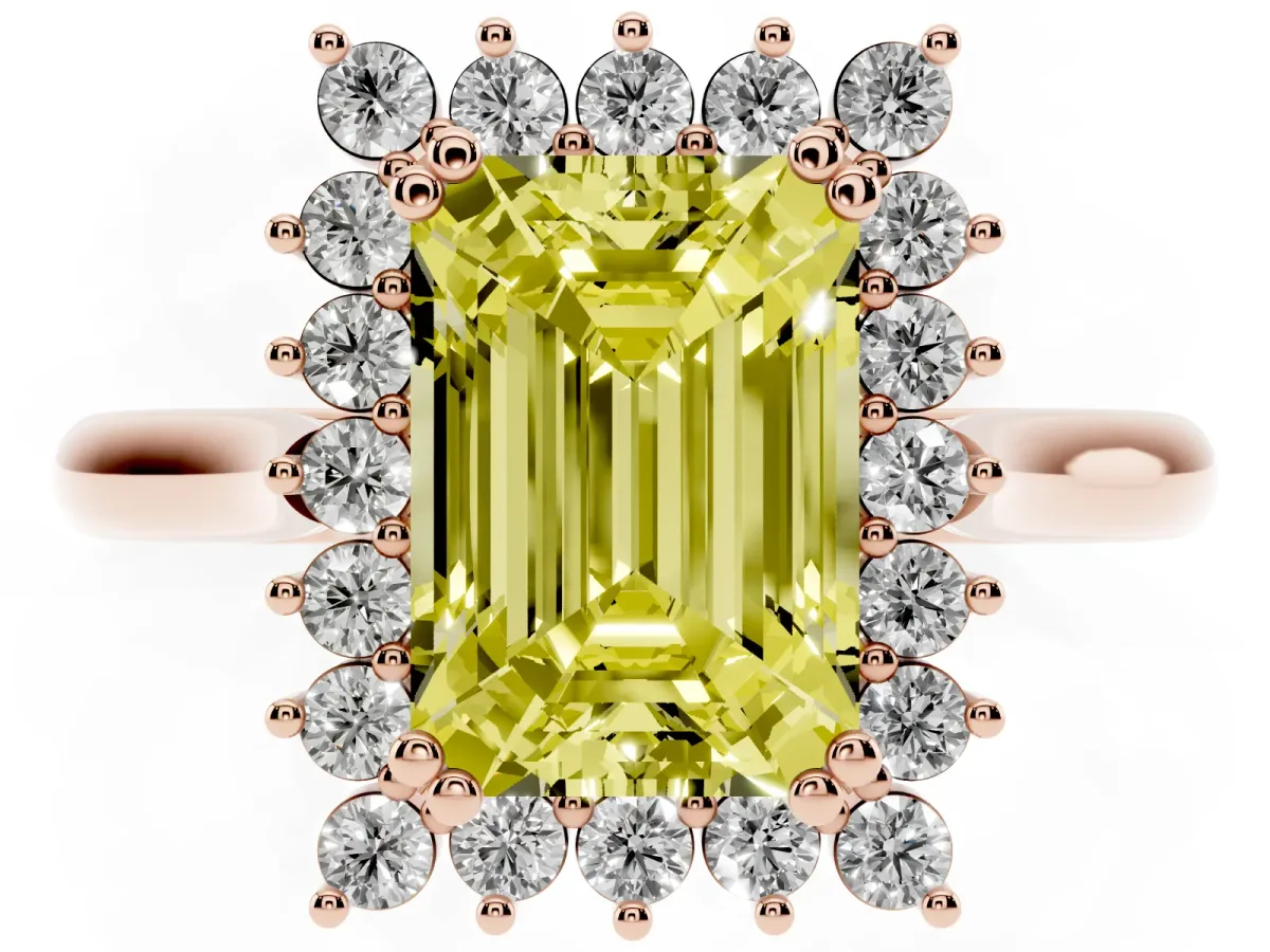 Fancy Yellow Emerald Cut Cut Diamond Halo Ring with Solitaire Band and Prong Setting Rose gold
