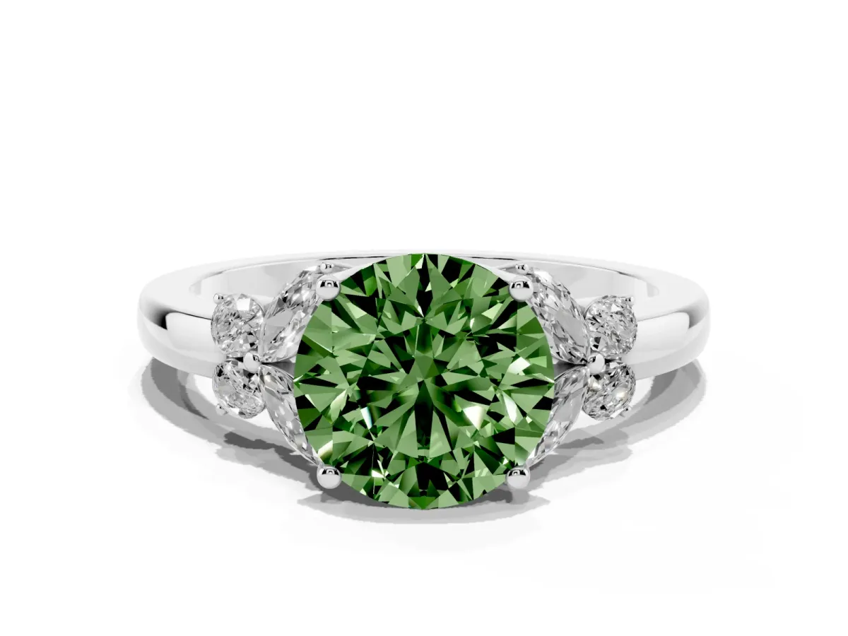 Fancy Green Round Cut Cut Solitaire Floral Diamond Ring with Four-Prong Setting Platinum