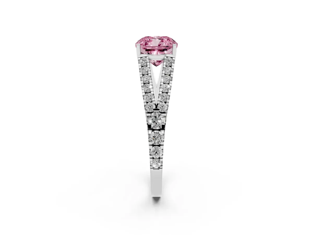Fancy Pink Cushion Cut Diamond Split Shank Engagement Ring with Round Pavé and Prong Setting Silver