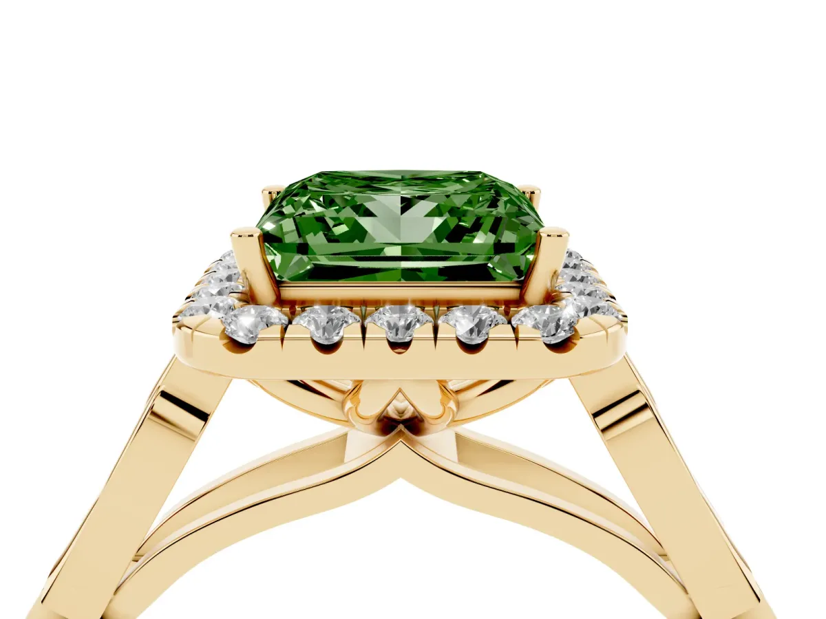 Fancy Green Princess Cut Halo Diamond Engagement Ring with Filigree Band and Four-Prong Setting Yellow gold