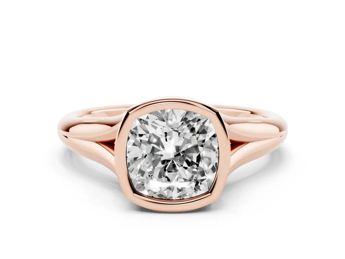 Bezel Set Cushion Cut Solitaire Diamond Ring with Smooth Band Rose gold