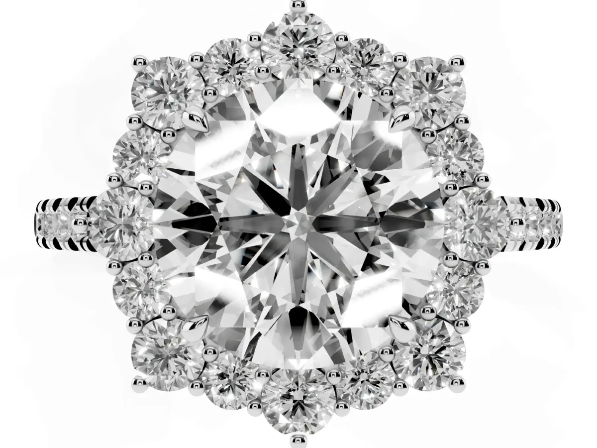 Round Cut Halo Diamond Ring with Pavé Band and Prong Setting Silver