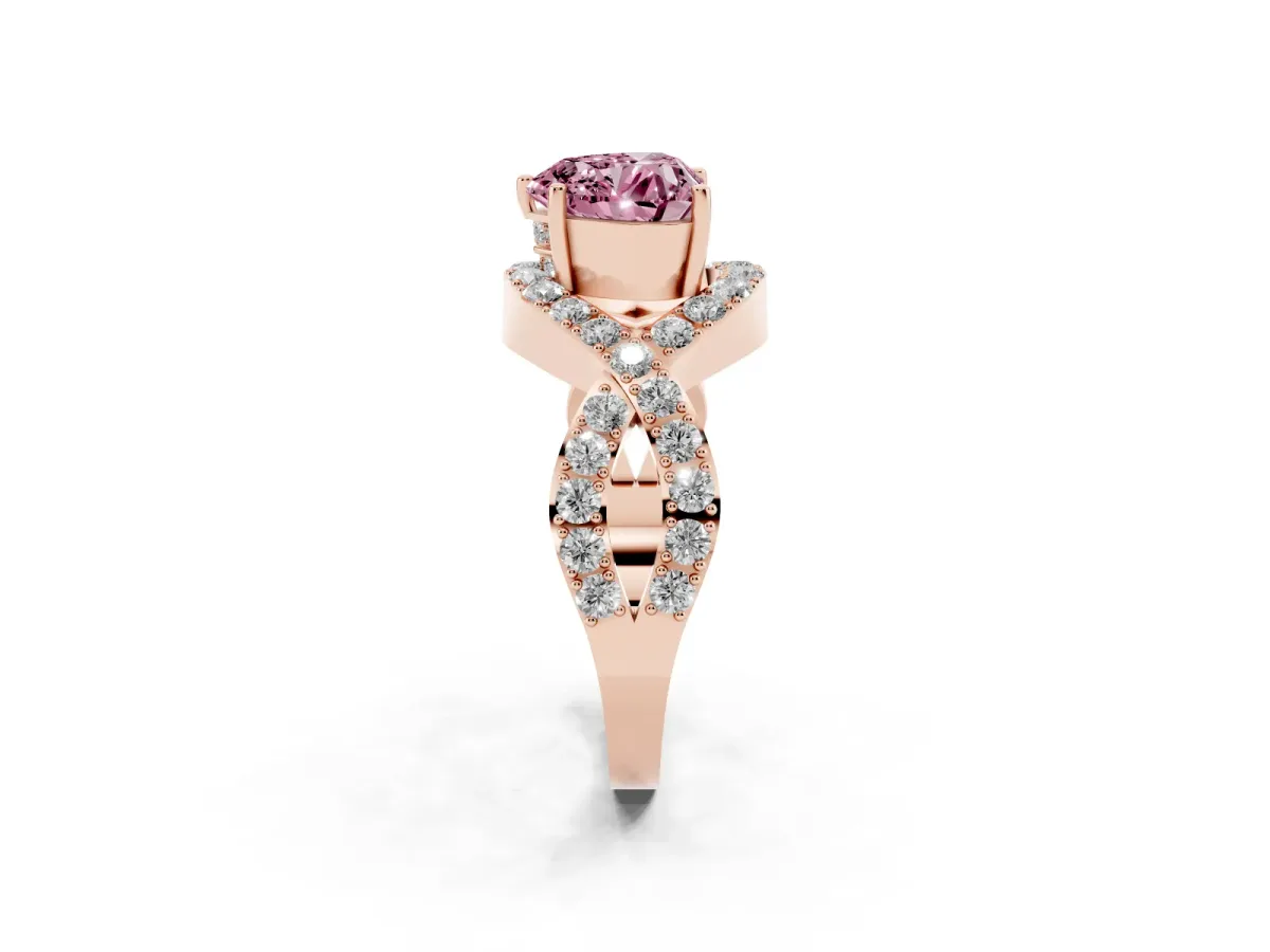 Fancy Pink Heart Cut Solitaire Twist Band Pavé Diamond Engagement Ring Rose gold