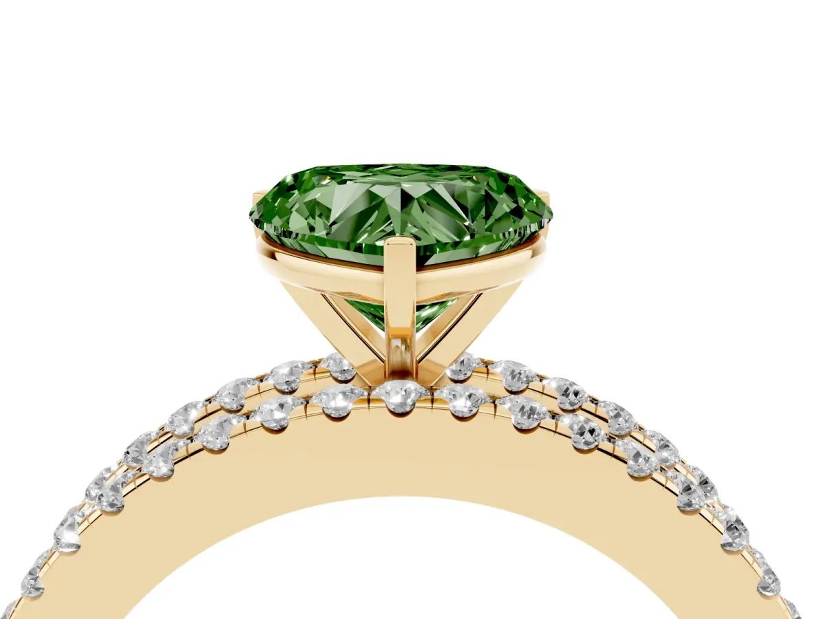 Fancy Green Heart Cut Diamond Solitaire Ring with Pavé and Channel Set Band Yellow gold