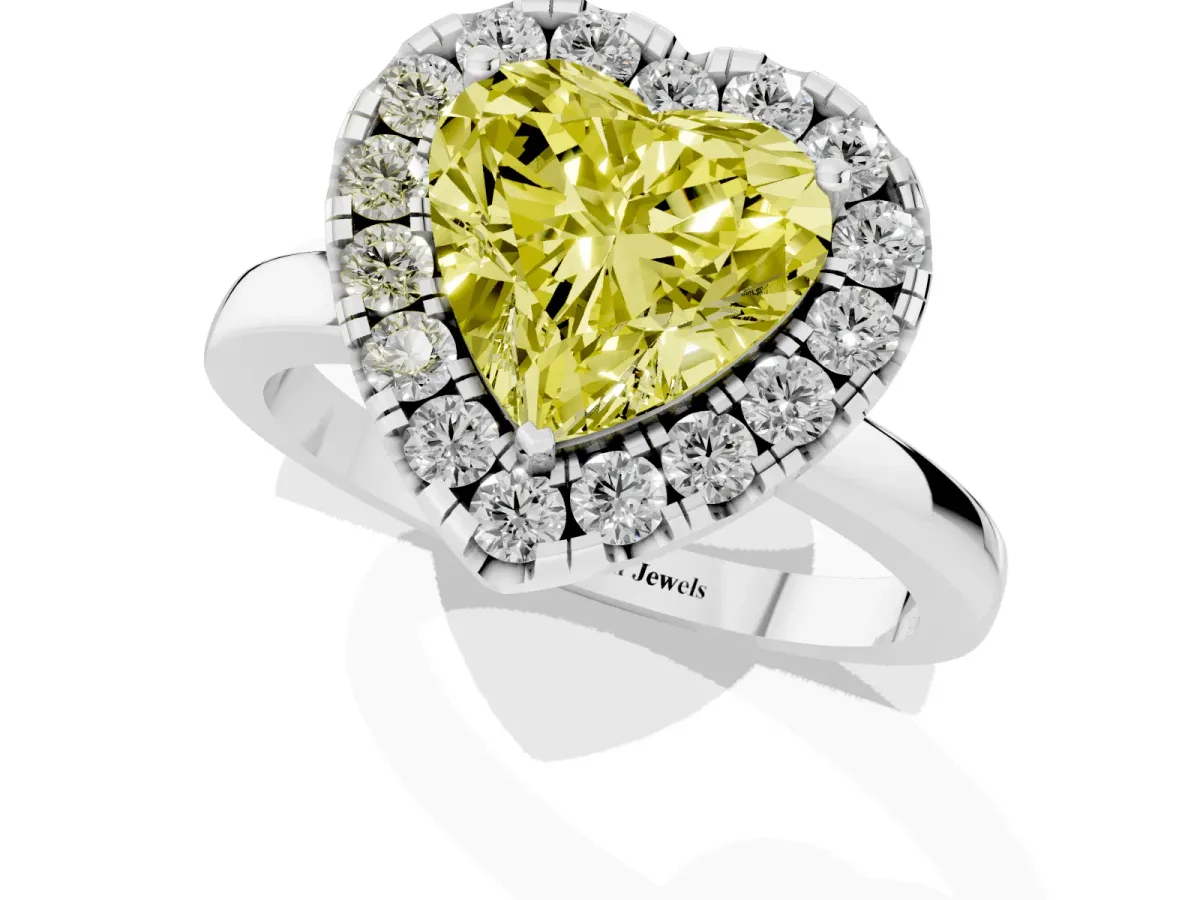 Fancy Yellow Heart Cut Halo Diamond Solitaire with Pavé Band and Four-Prong Setting White gold