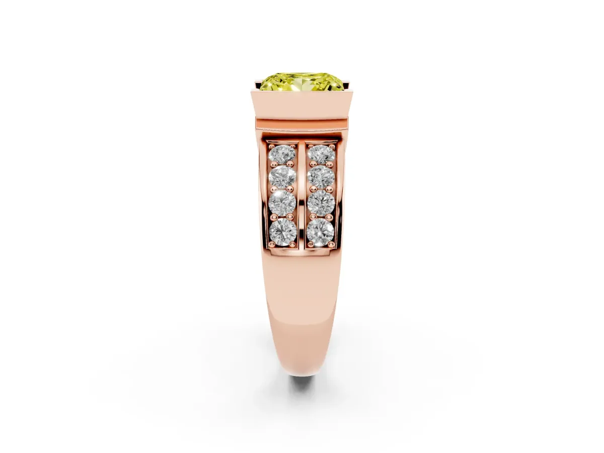 Fancy Yellow Princess Cut Brilliant Diamond Channel Set Wide Band Ring with Bezel Setting Rose gold