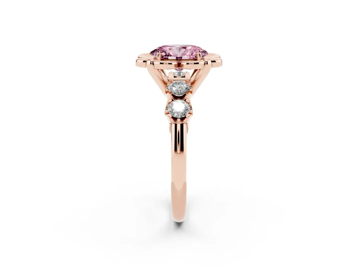 Fancy Pink Oval Cut Cut Diamond Floral Halo Engagement Ring with Shared Prong Setting Rose gold