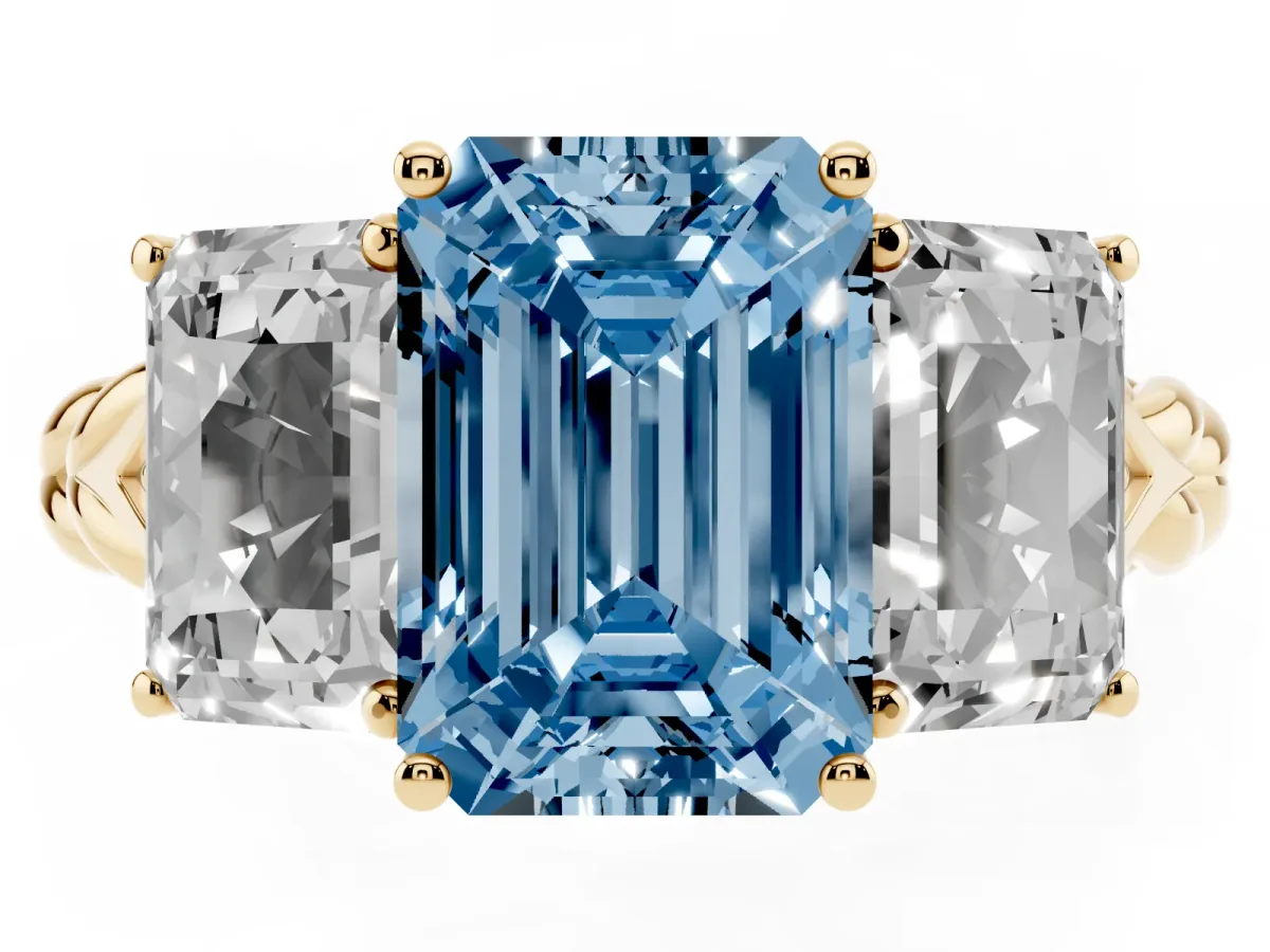 Fancy Blue Three-Stone Radiant Cut Diamond Braided Band Ring with Four-Prong Setting Yellow gold