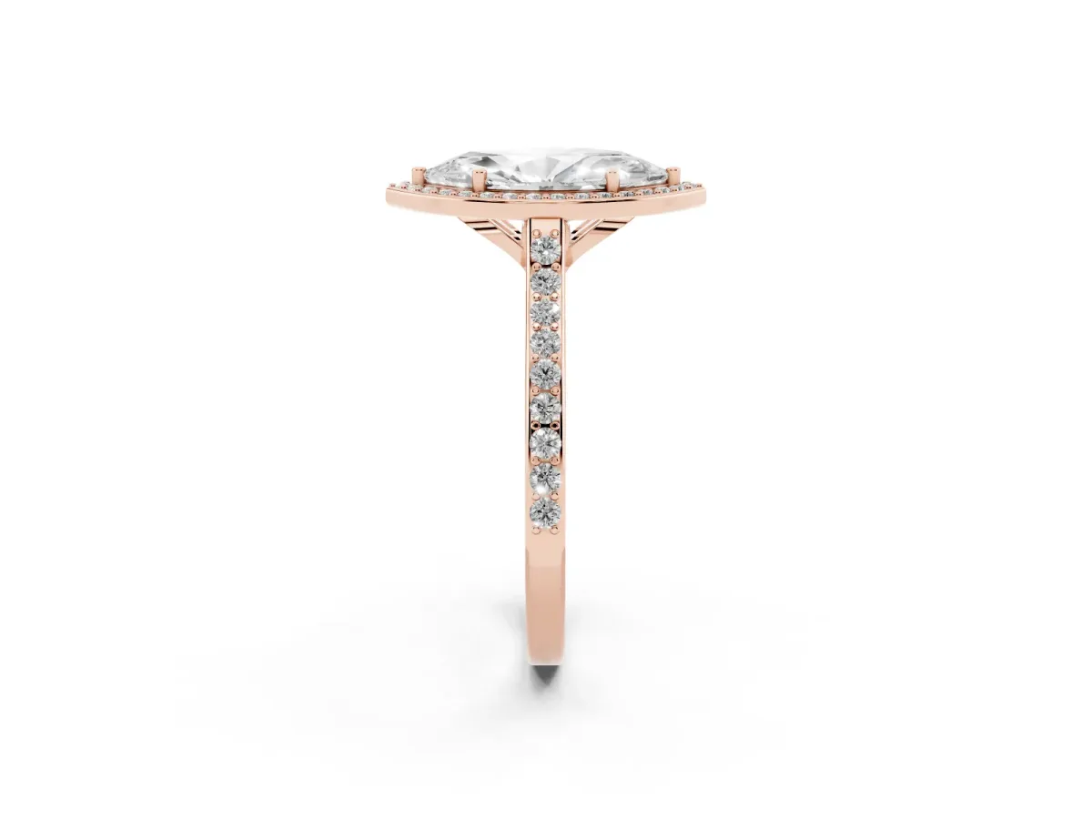 Marquise Cut Diamond Halo Engagement Ring with Round Pavé Shoulders and Prong Setting Rose gold