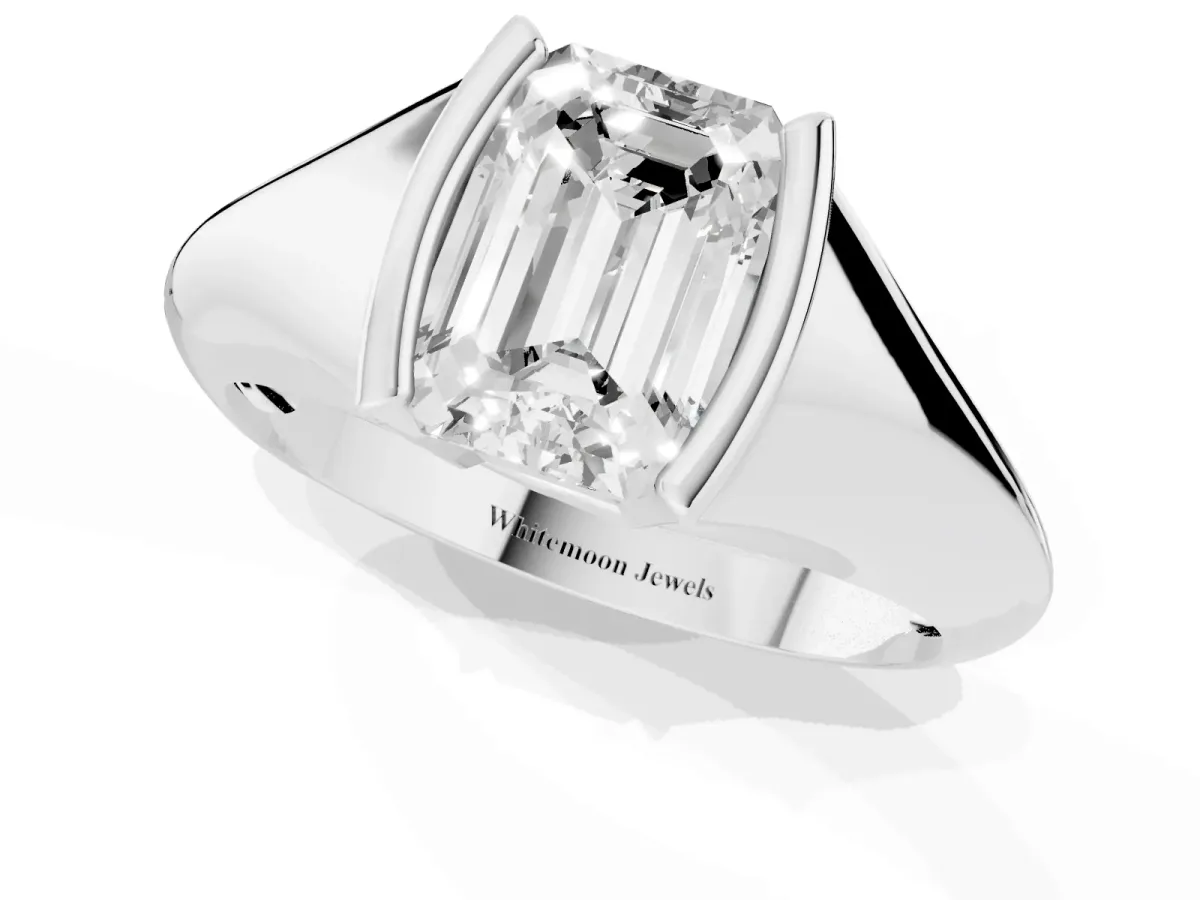 Emerald Cut Solitaire Tension Set Diamond Ring Silver