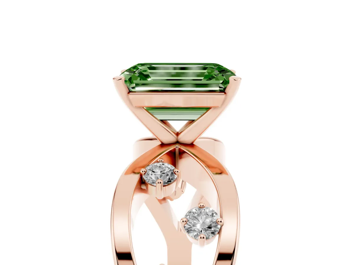 Fancy Green Emerald Cut Cut Solitaire Diamond with Side Stones on Criss-Cross Band and Four-Prong Setting Rose gold