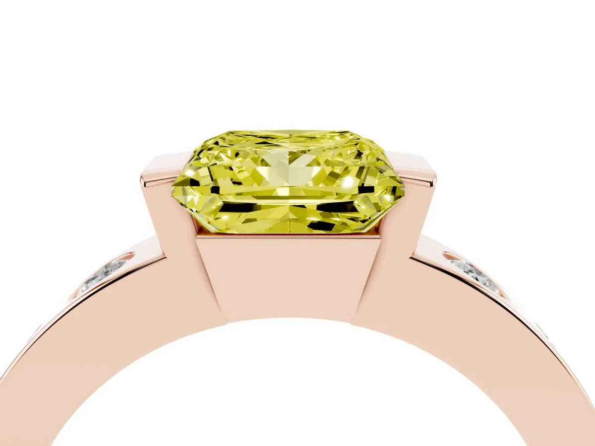 Fancy Yellow Princess Cut Brilliant Channel-Set Diamond Ring with Bezel Prong Setting Rose gold