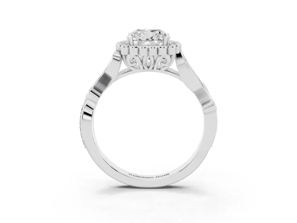 Cushion Cut Diamond Halo Ring with Vintage Split Shank and Four-Prong Setting Silver