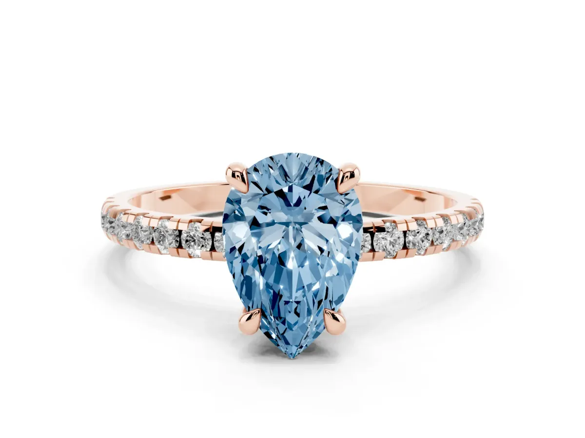 Fancy Blue Pear Cut Diamond Brilliant Solitaire Ring with Pavé Band and Four-Prong Setting Rose gold
