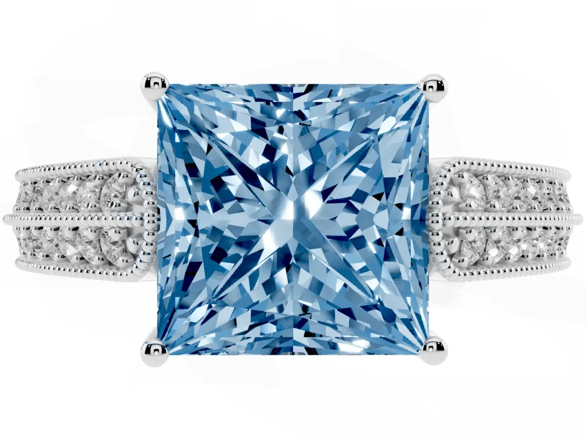 Fancy Blue Princess Cut Cut Pave Split Shank Engagement Ring with Four-Prong Setting Platinum