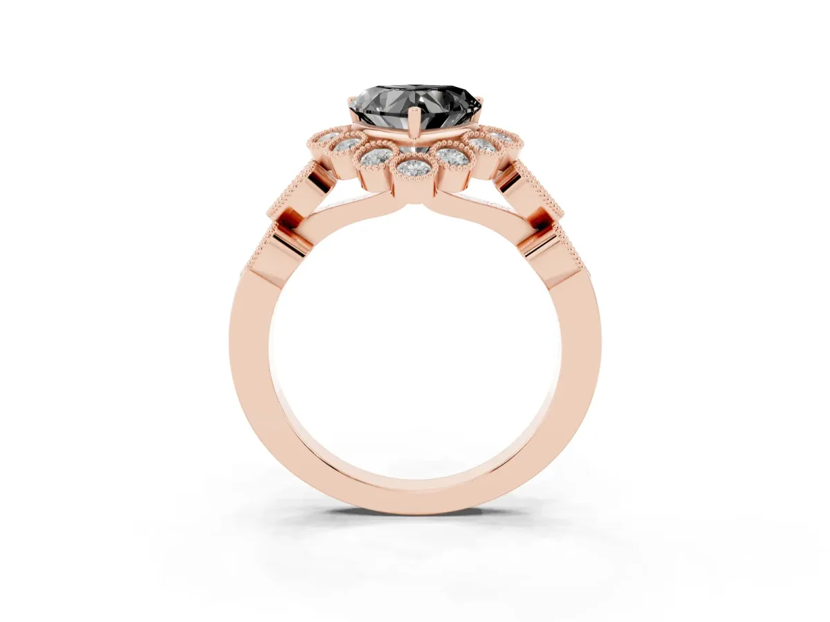 Fancy Black Heart Cut Brilliant Milgrain Pave Heart Band Solitaire Ring Rose gold