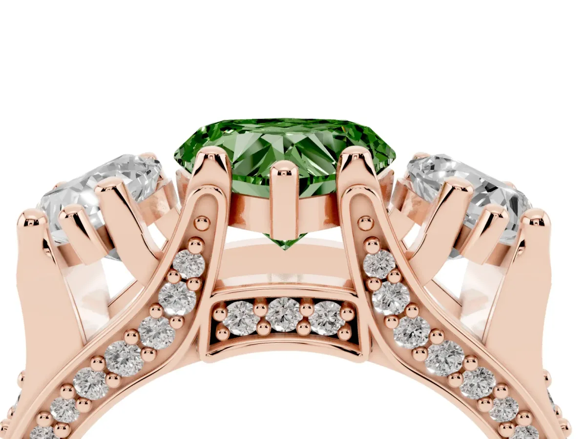 Fancy Green Heart Cut Diamond Three-Stone Ring with Channel Set Band and Four-Prong Setting Rose gold