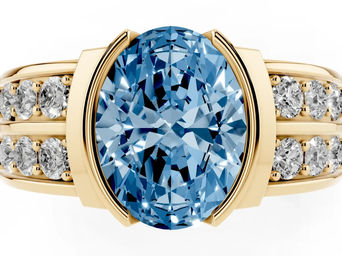 Fancy Blue Oval Cut Brilliant Diamond Channel Set Wide Band Ring with Bezel Setting Yellow gold