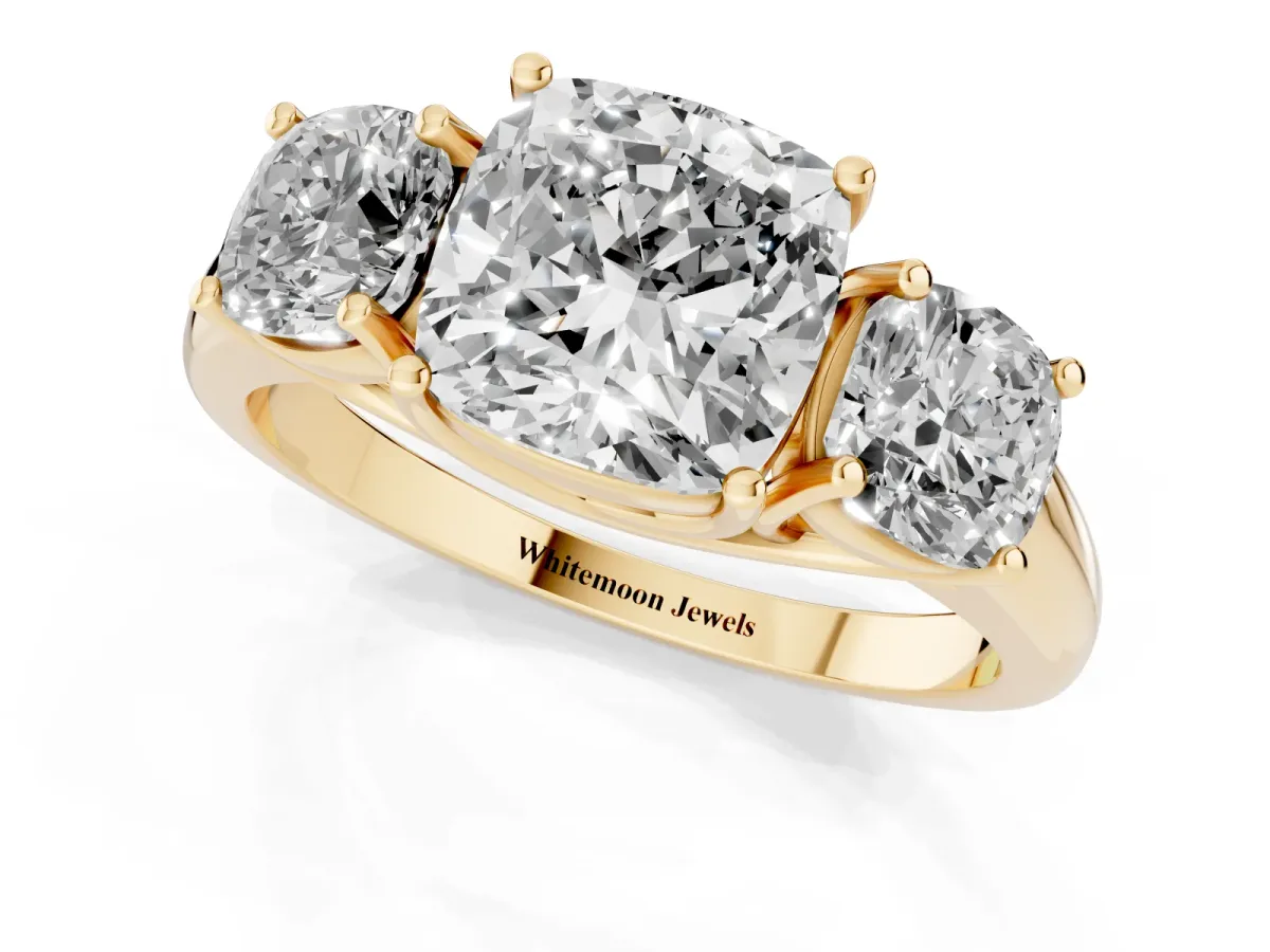 Three-Stone Cushion Cut Diamond Engagement Ring with Prong Setting Yellow gold