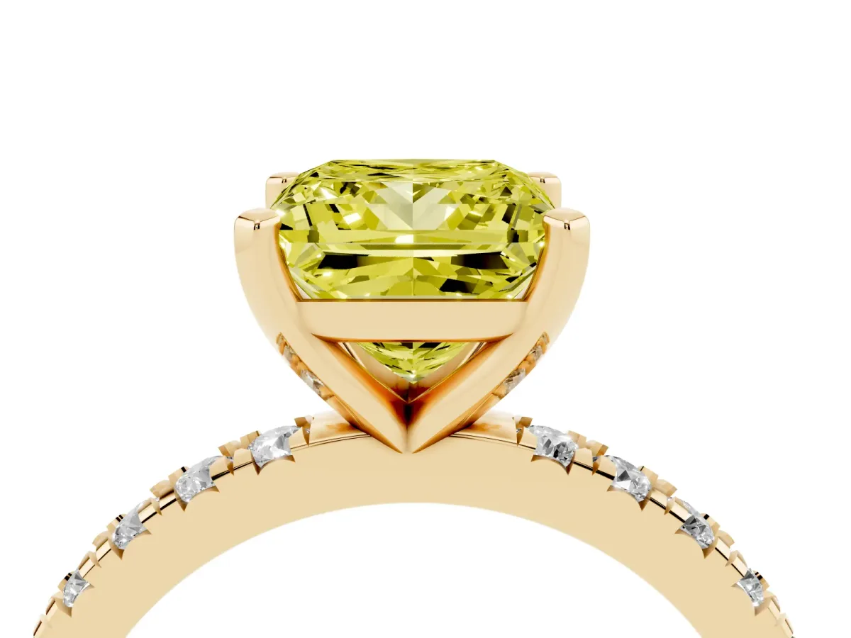 Fancy Yellow Princess Cut Diamond Pavé Band Solitaire with Four-Prong Setting Yellow gold