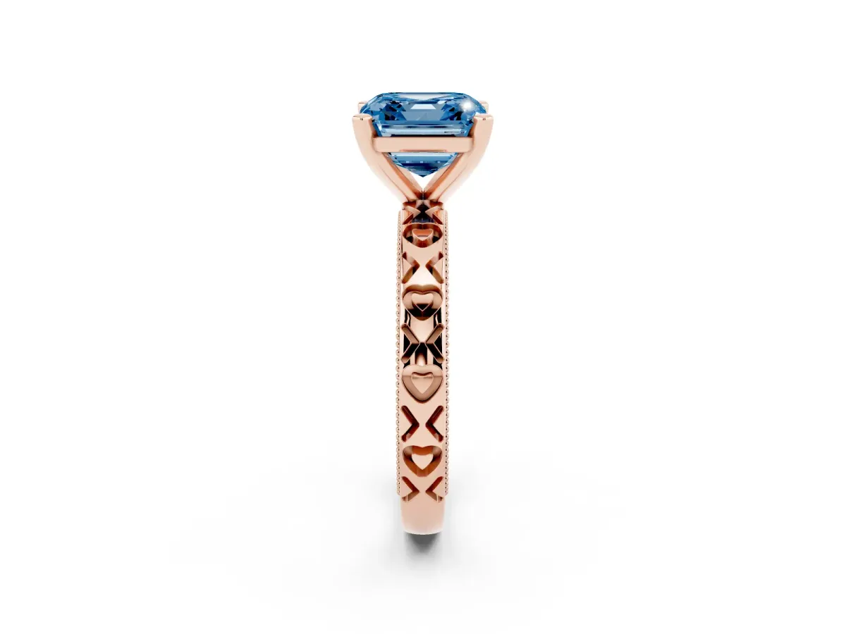Fancy Blue Asscher Cut Solitaire Diamond Engagement Ring with XO Engraved Band and Four-Prong Setting Rose gold