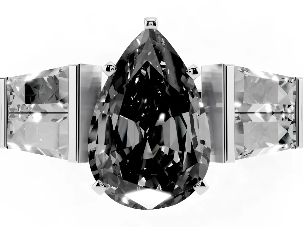 Fancy Black Pear Cut Diamond Engagement Ring with Baguette Side Stones and Channel Set Band Silver