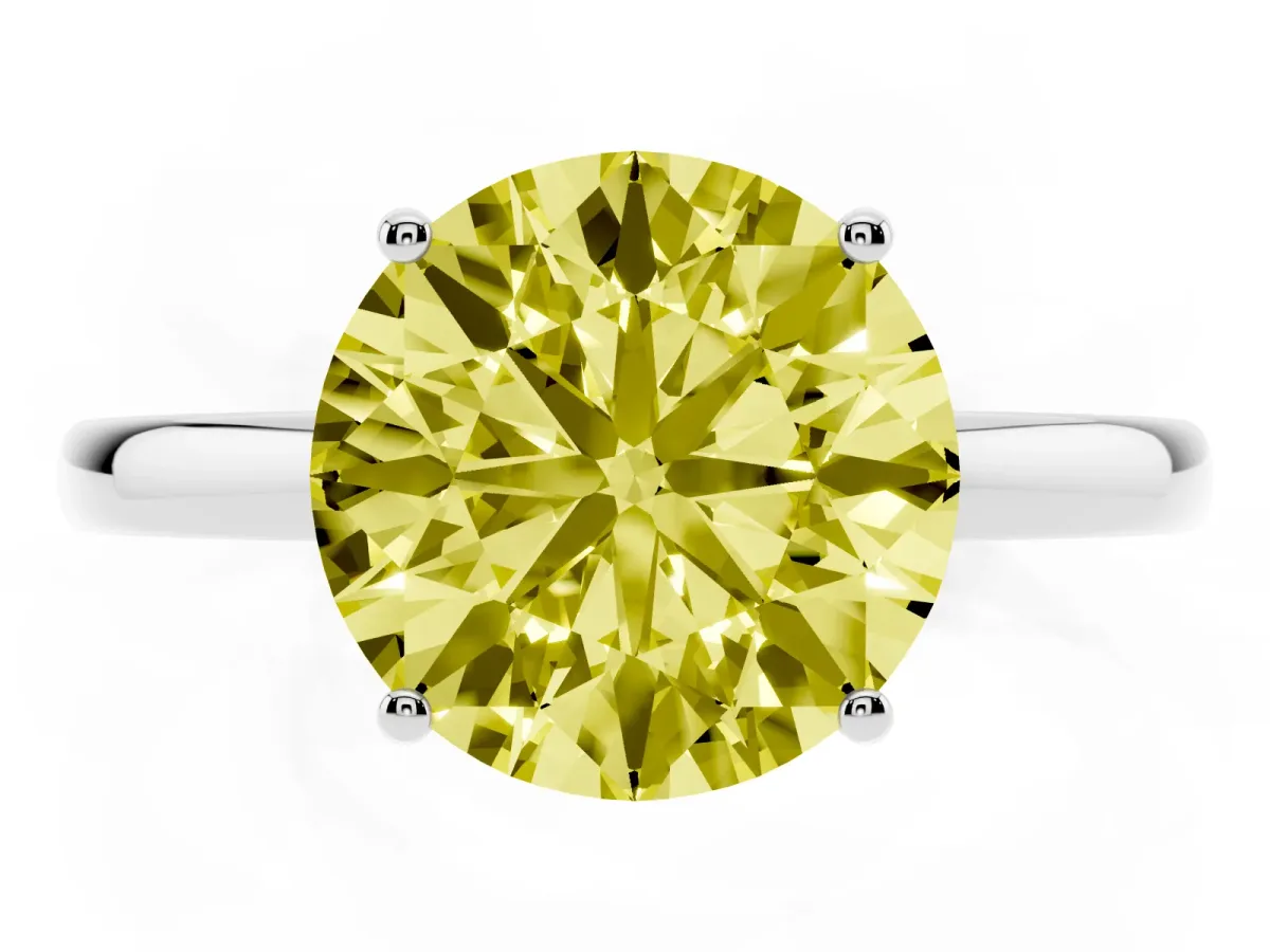 Fancy Yellow Round Cut Solitaire Diamond Ring with Prong Setting and Plain Band Silver