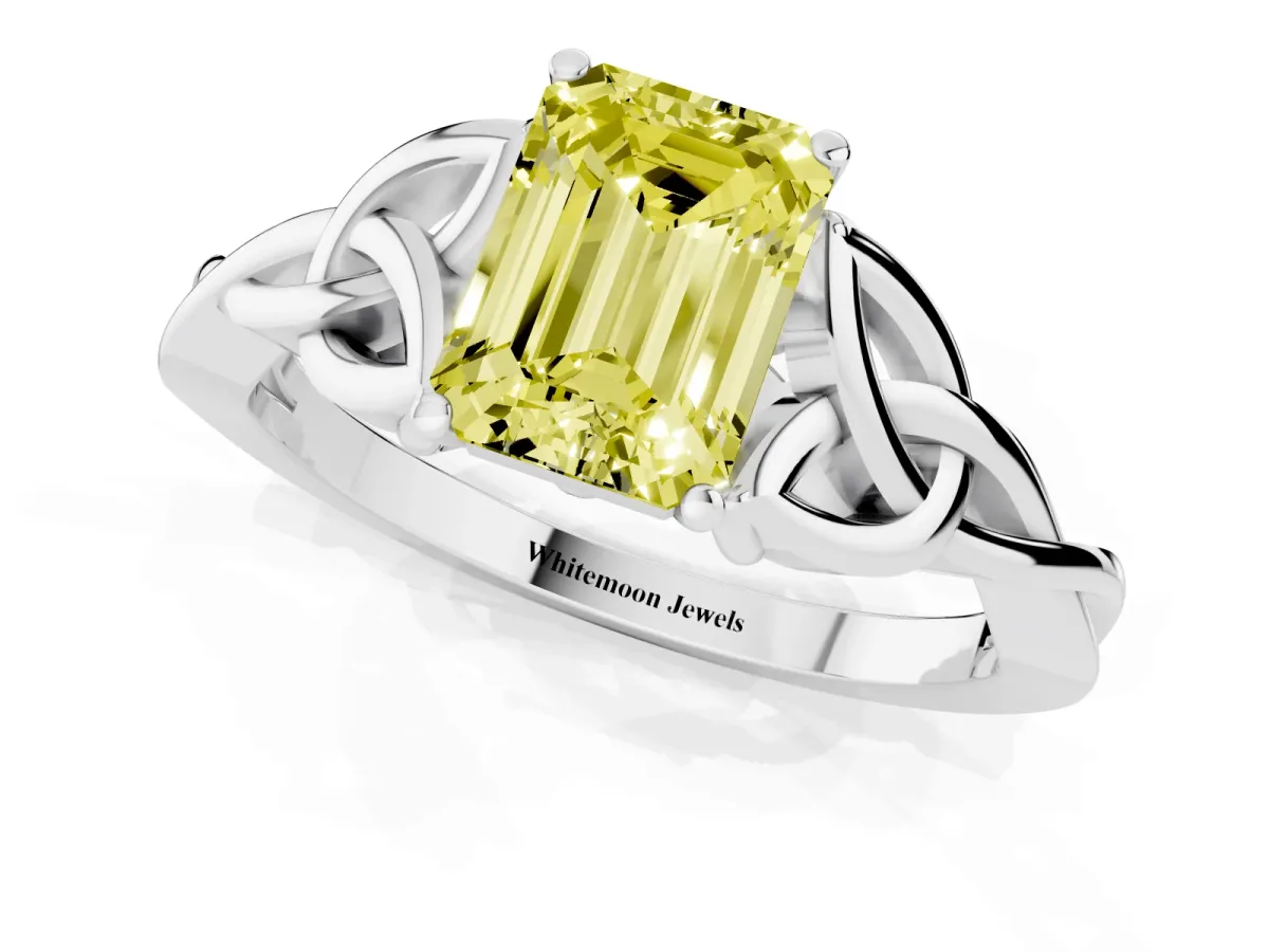 Fancy Yellow Emerald Cut Diamond Solitaire Engagement Ring with Celtic Knot Band and Four-Prong Setting Silver