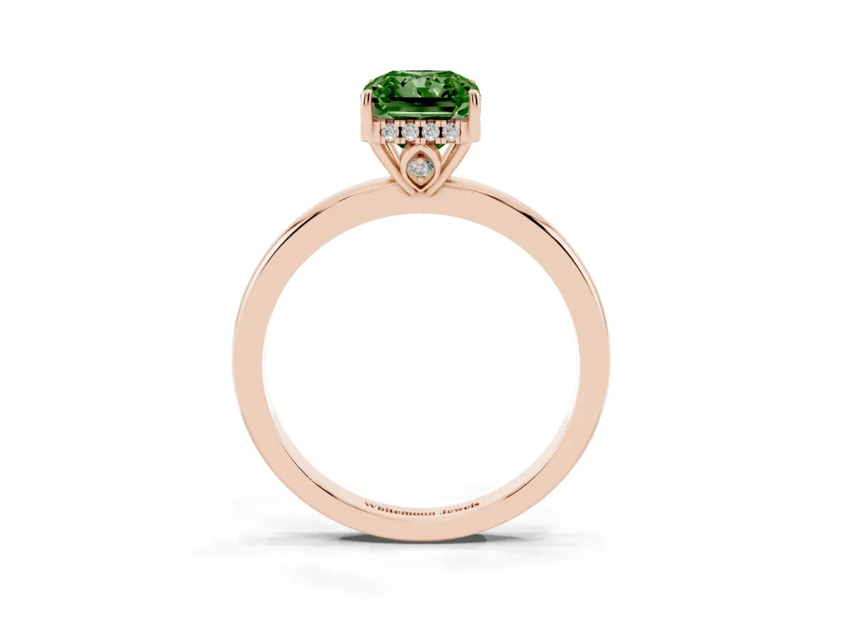 Fancy Green Radiant Cut Solitaire Diamond Ring with Prong Setting and Plain Band Rose gold