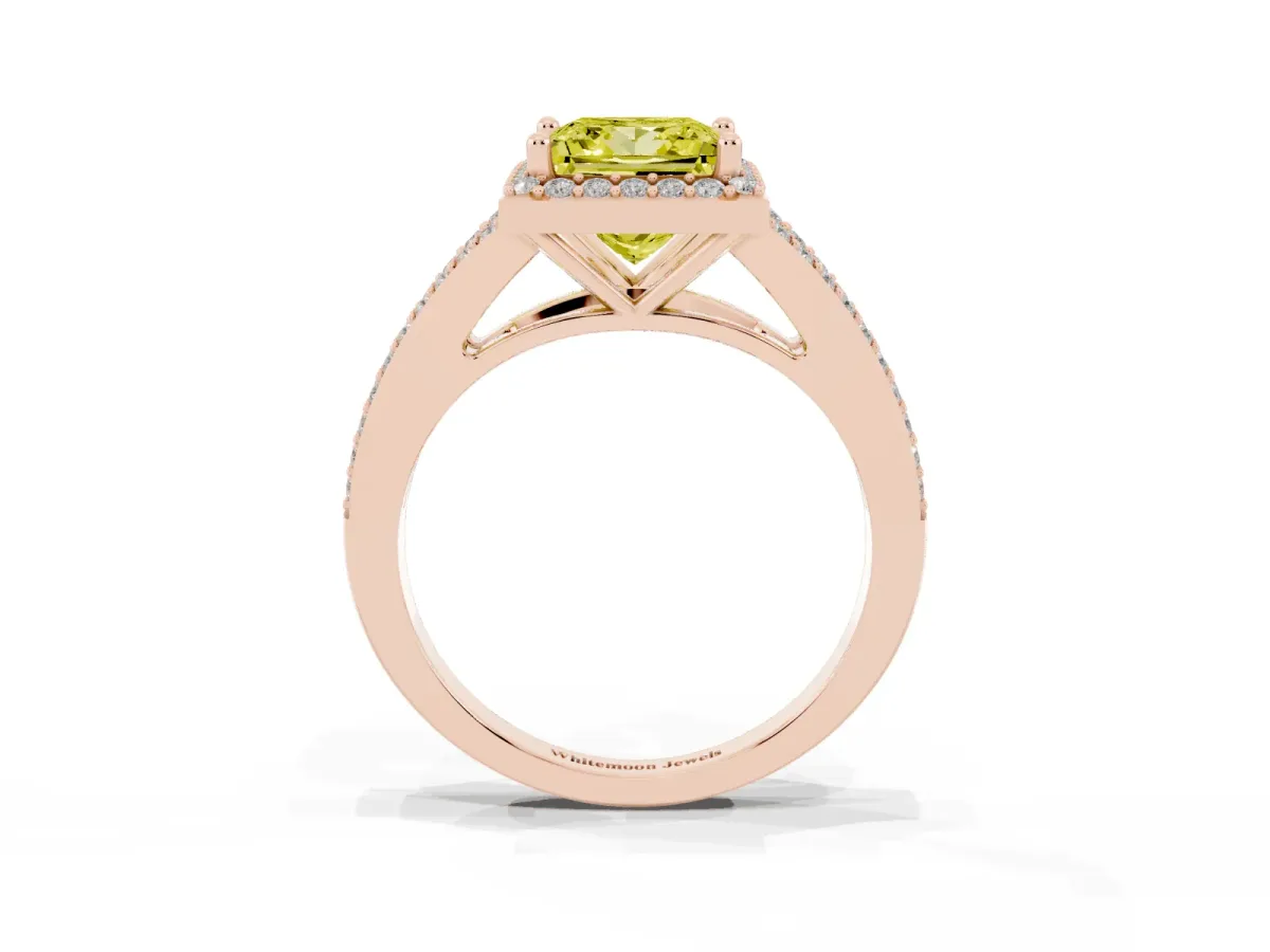Fancy Yellow Princess Cut Halo Split Shank Diamond Ring with Prong Setting Rose gold